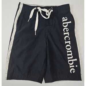 Abercrombie Kids Boys Navy Blue White Stripe Logo Swim Trunks Board Short Medium